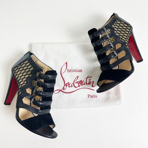 CHRISTIAN LOUBOUTIN Black Trotti 100 Buckle Ankle Boot 37.5 US 7 Peep Toe Mesh - Picture 1 of 14